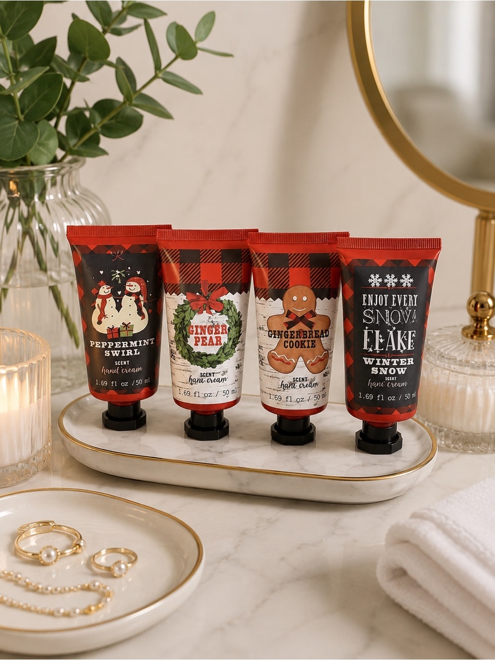 Holiday Hand Cream Gift Set Peppermint Swirl Gingerbread Ginger Pear Winter Snow